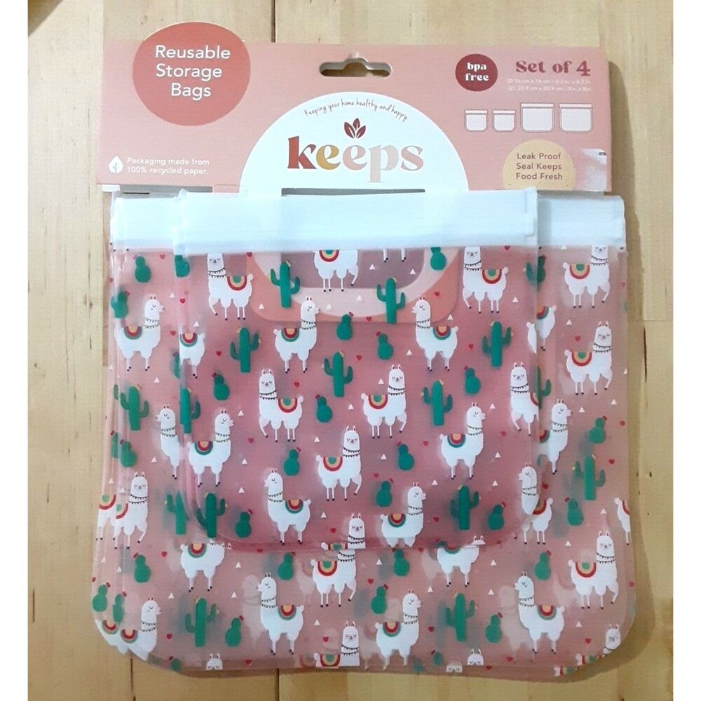 Keeps reusable storage bags set of 4 bpa free Dishwaser freezer safe llama cacti